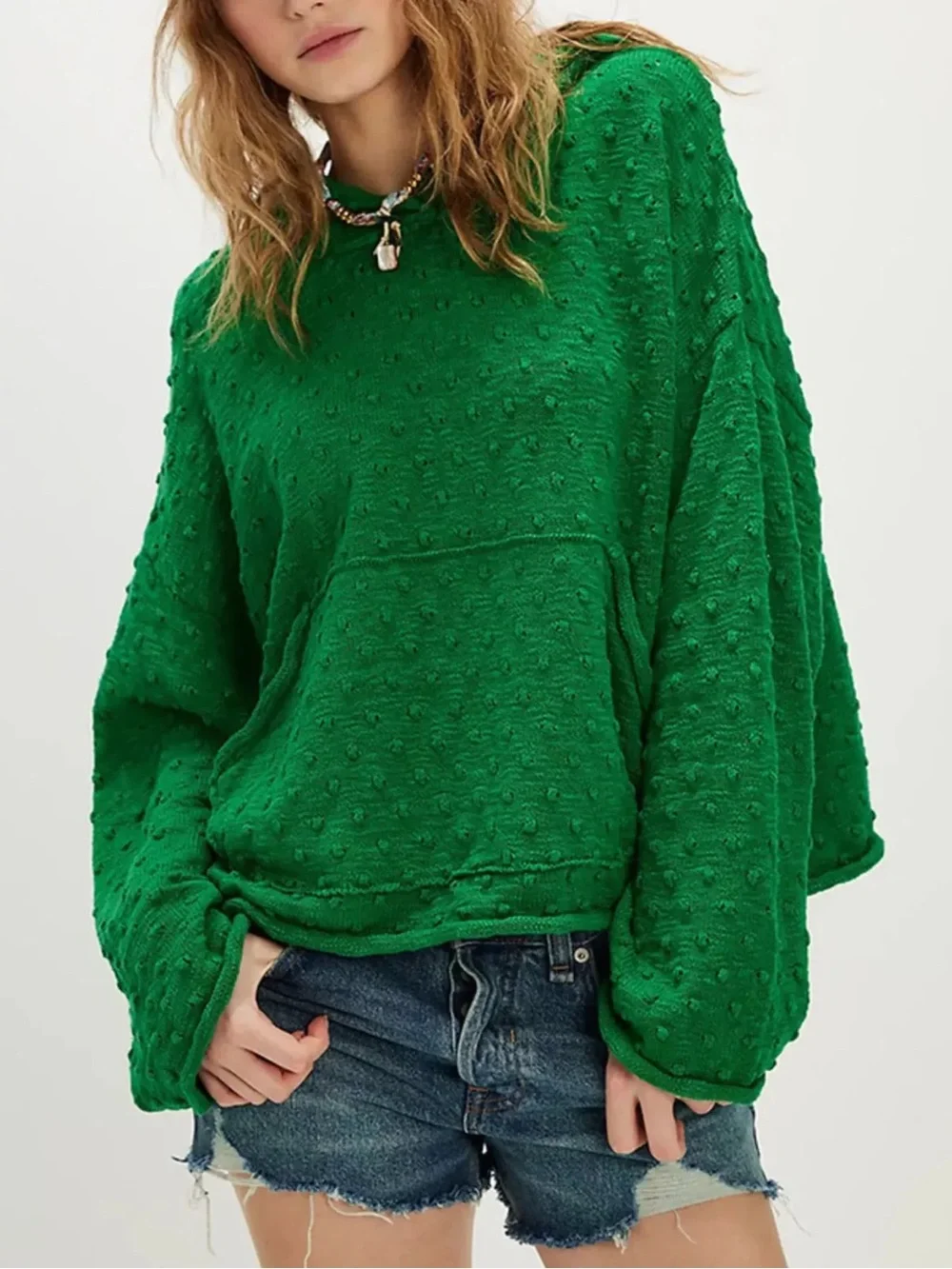 Free People Lake Side Hoodie Sweater Boho Slouchy Cozy Travel Green Medium G58